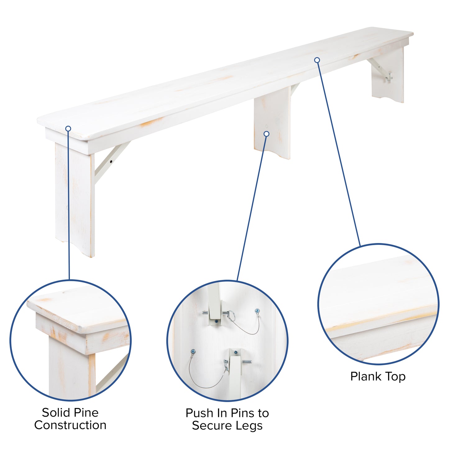 HERCULES Series 9' x 40" Antique Rustic White Folding Farm Table and Two Bench Set Antique Rustic White XA-FARM-6-WH-GG