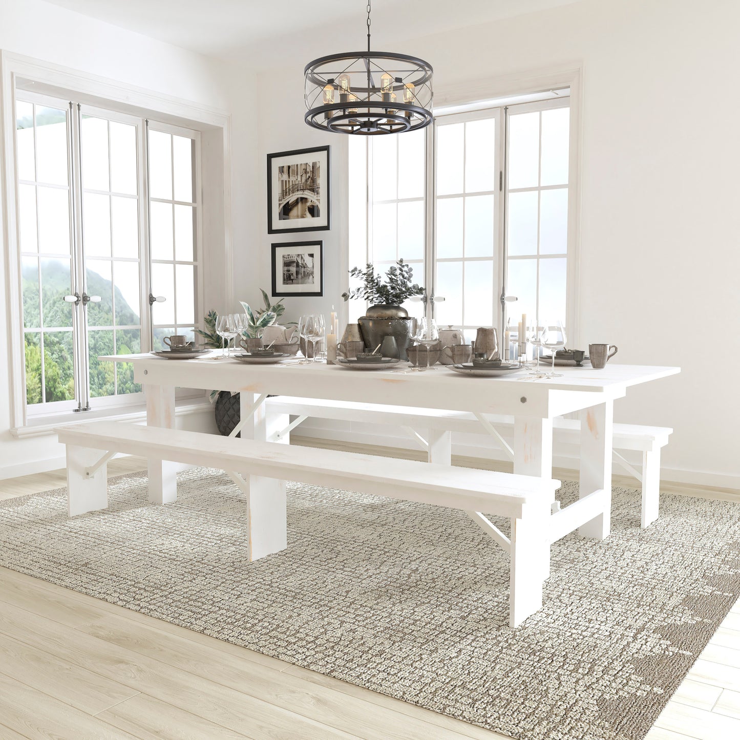 HERCULES Series 9' x 40" Antique Rustic White Folding Farm Table and Two Bench Set Antique Rustic White XA-FARM-6-WH-GG