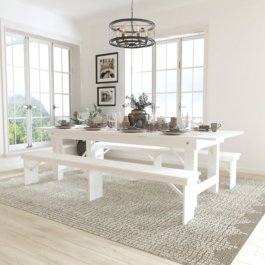 HERCULES Series 9' x 40" Antique Rustic White Folding Farm Table and Two Bench Set Antique Rustic White