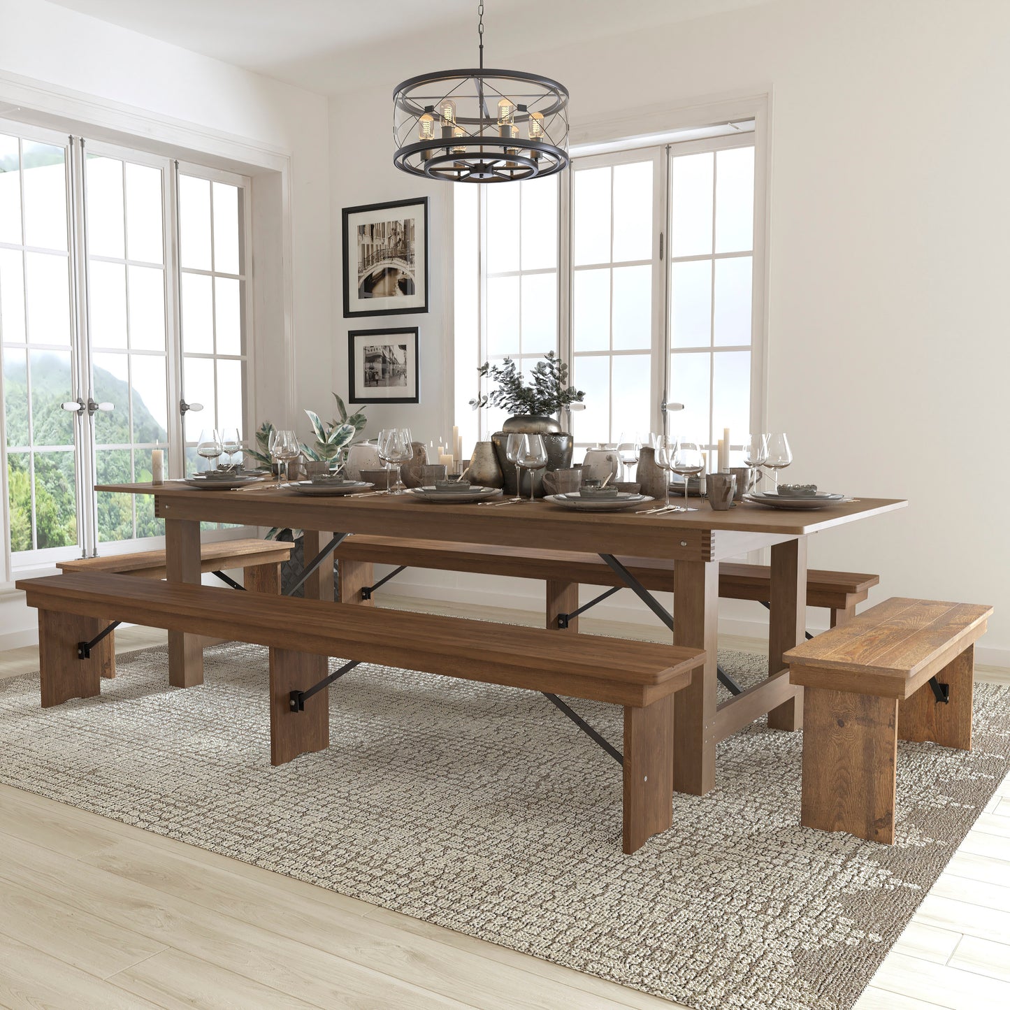 HERCULES Series 9' x 40'' Antique Rustic Folding Farm Table and Four Bench Set Antique Rustic