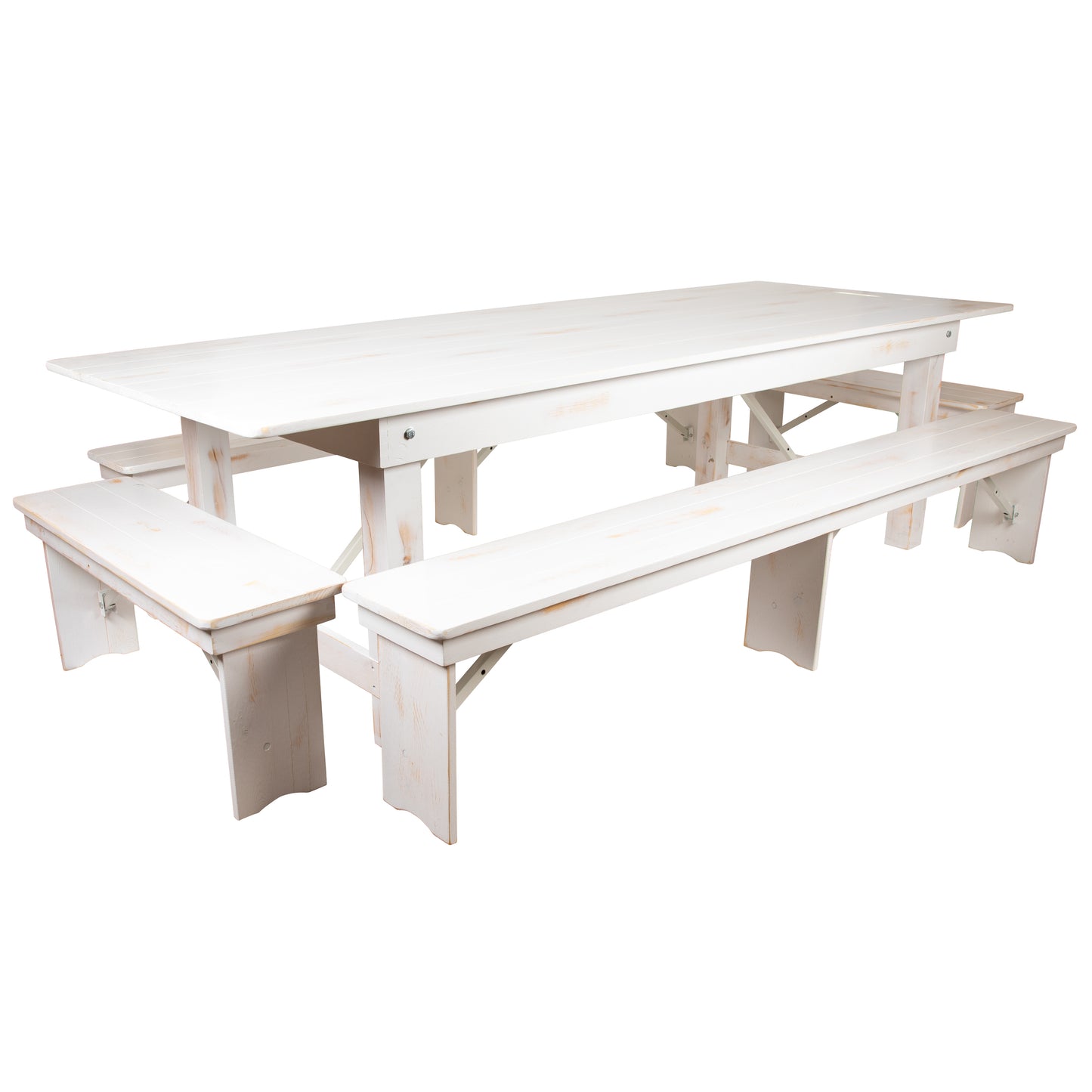 HERCULES Series 9' x 40" Antique Rustic White Folding Farm Table and Four Bench Set Antique Rustic White XA-FARM-7-WH-GG