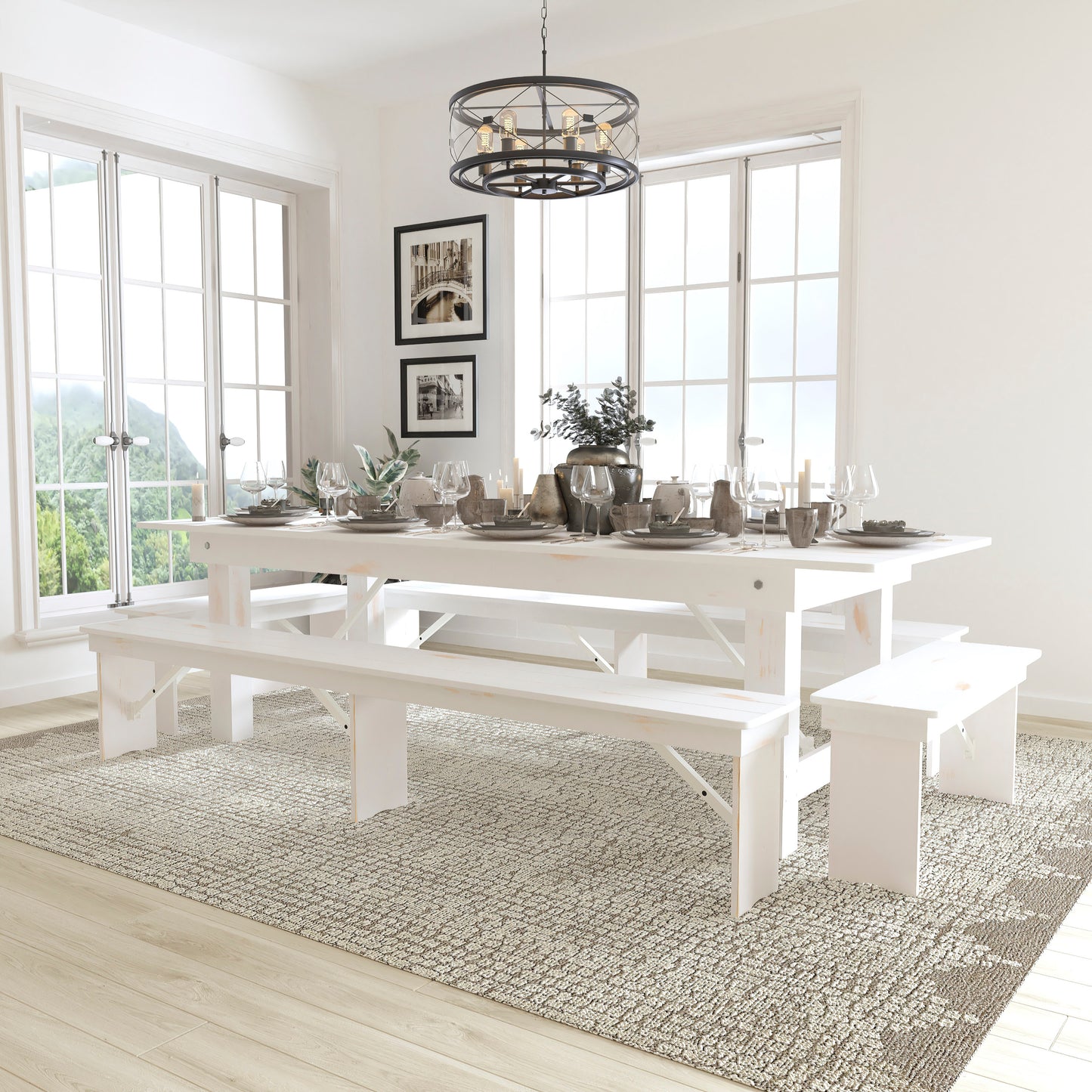 HERCULES Series 9' x 40" Antique Rustic White Folding Farm Table and Four Bench Set Antique Rustic White XA-FARM-7-WH-GG