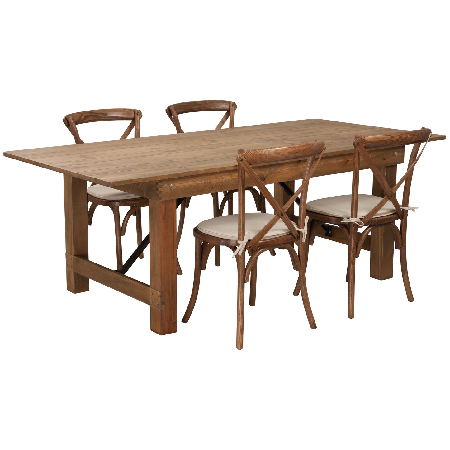 HERCULES Series 7' x 40'' Antique Rustic Folding Farm Table Set with 4 Cross Back Chairs and Cushions Antique Rustic