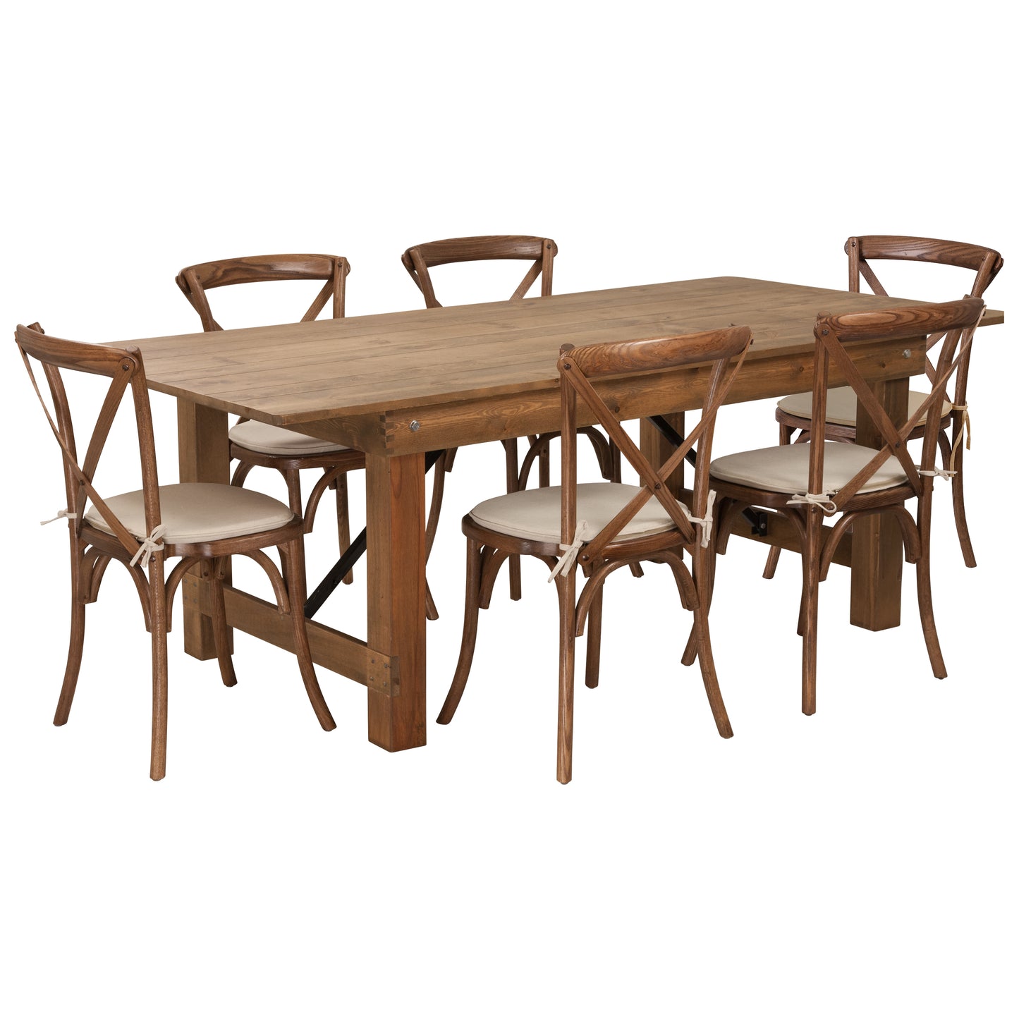 HERCULES Series 7' x 40'' Antique Rustic Folding Farm Table Set with 6 Cross Back Chairs and Cushions Antique Rustic