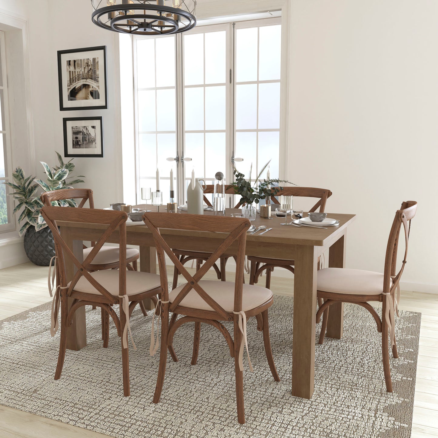 HERCULES Series 7' x 40'' Antique Rustic Folding Farm Table Set with 6 Cross Back Chairs and Cushions Antique Rustic