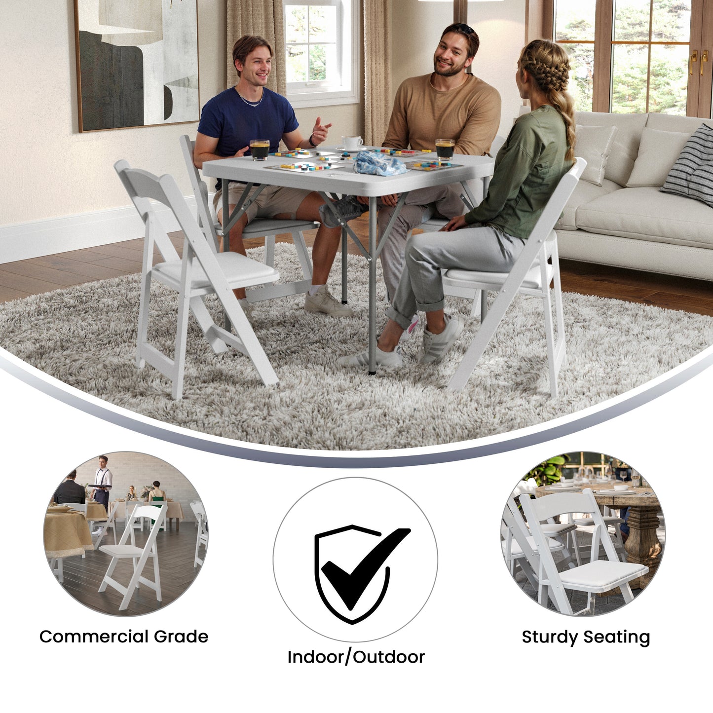 2 Pack HERCULES Series White Wood Folding Chair with Vinyl Padded Seat White