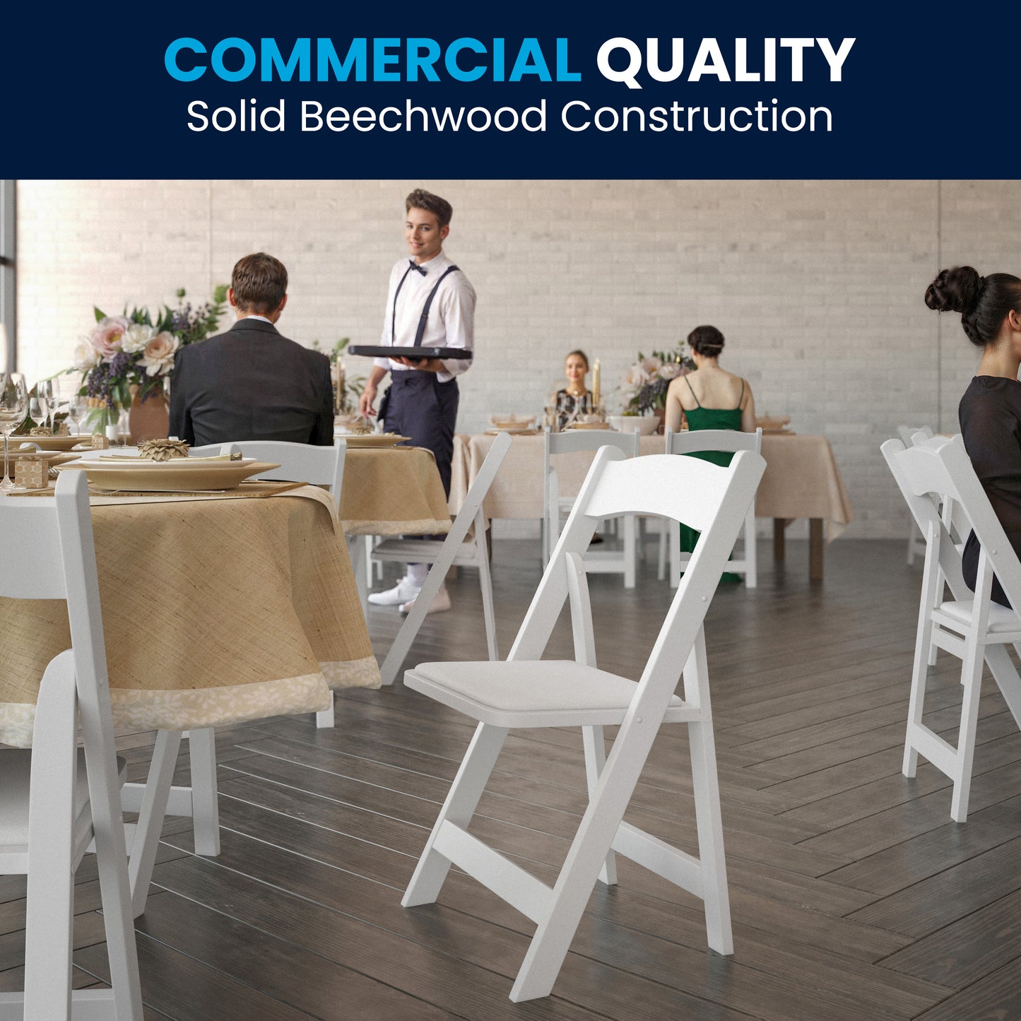 2 Pack HERCULES Series White Wood Folding Chair with Vinyl Padded Seat White