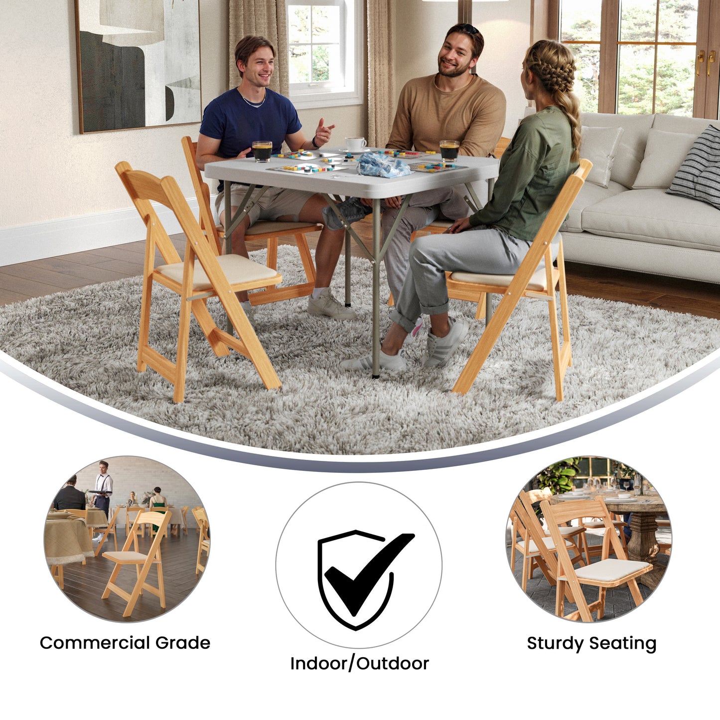 2 Pack HERCULES Series Natural Wood Folding Chair with Vinyl Padded Seat Natural