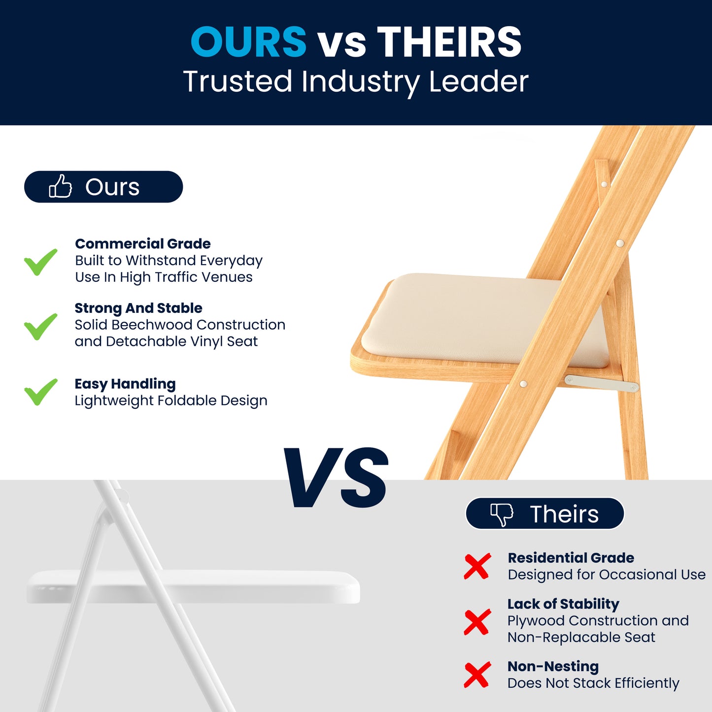 2 Pack HERCULES Series Natural Wood Folding Chair with Vinyl Padded Seat Natural