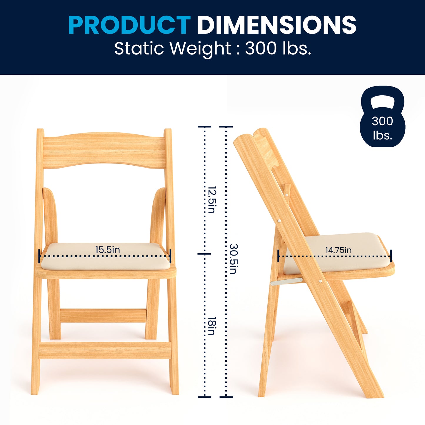 2 Pack HERCULES Series Natural Wood Folding Chair with Vinyl Padded Seat Natural
