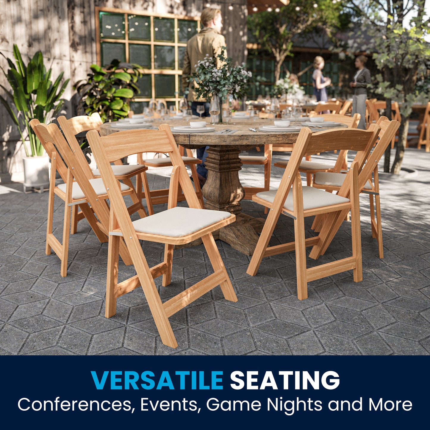 2 Pack HERCULES Series Natural Wood Folding Chair with Vinyl Padded Seat Natural