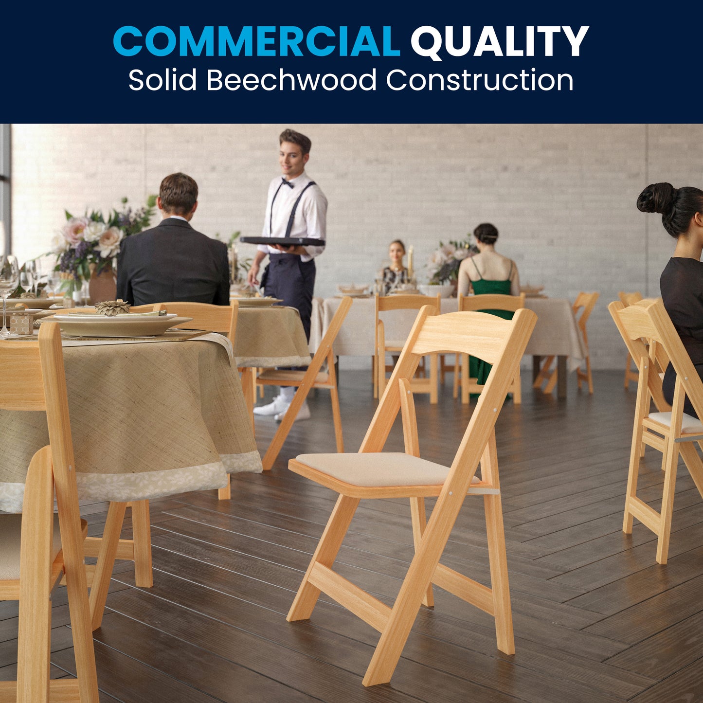 2 Pack HERCULES Series Natural Wood Folding Chair with Vinyl Padded Seat Natural