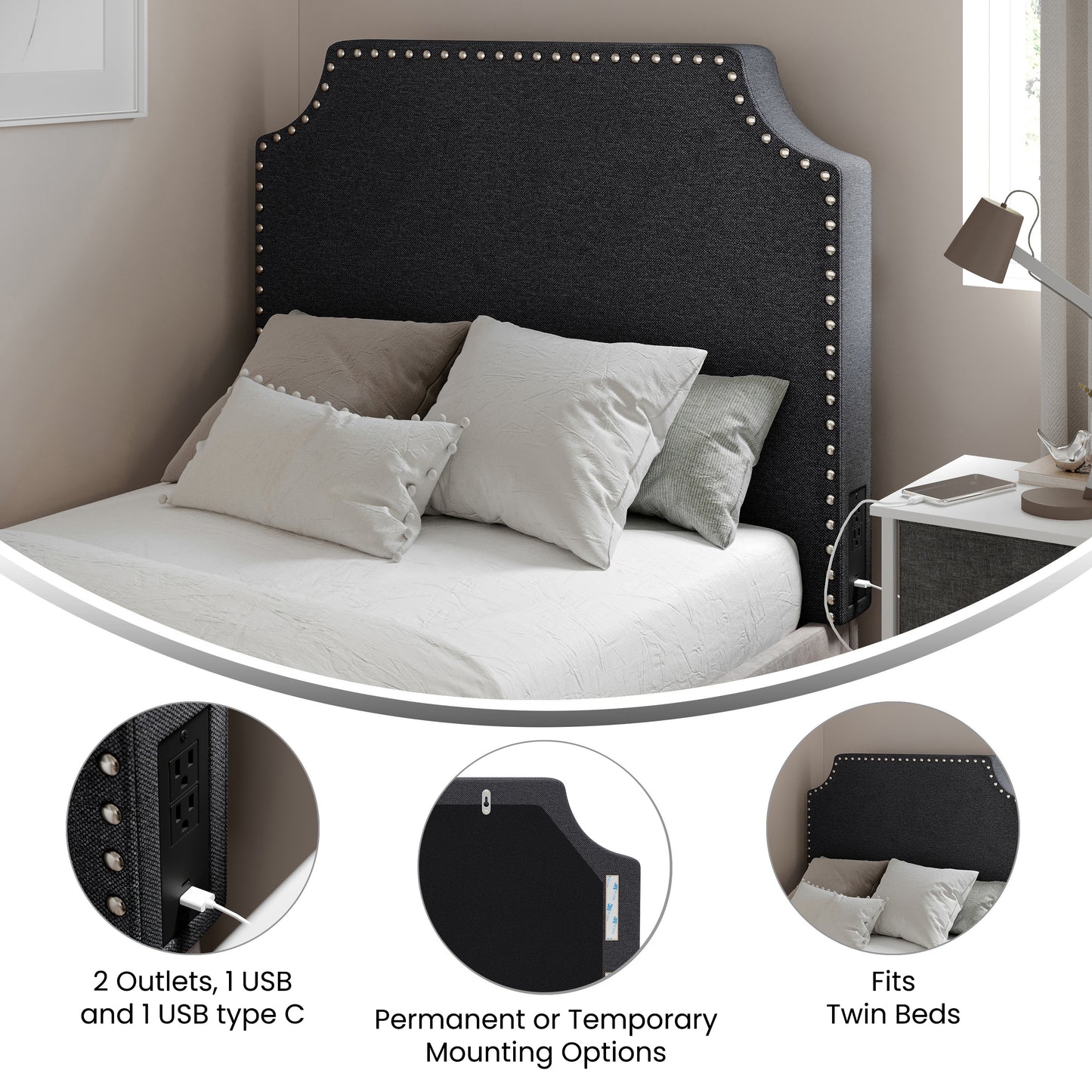 Adeline Contoured Twin Headboard with 2 Power Outlets, 1 USB and 1 USB Type-C Port with Studded Faux Linen Upholstery and Dual Hanging Options, Gray Gray Linen