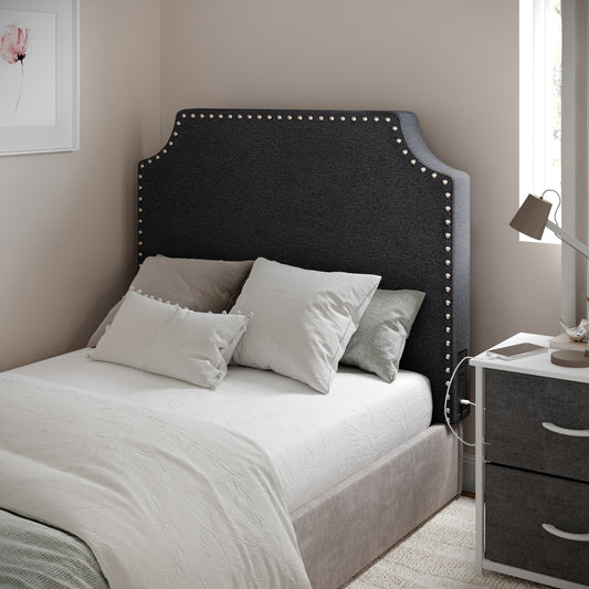 Adeline Contoured Twin Headboard with 2 Power Outlets, 1 USB and 1 USB Type-C Port with Studded Faux Linen Upholstery and Dual Hanging Options, Gray Gray Linen XH-8420F-T-GRY-GG