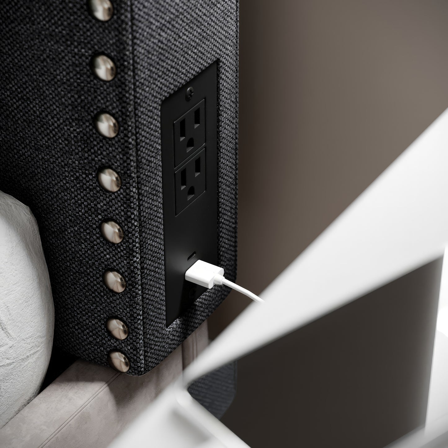 Adeline Contoured Twin Headboard with 2 Power Outlets, 1 USB and 1 USB Type-C Port with Studded Faux Linen Upholstery and Dual Hanging Options, Gray Gray Linen