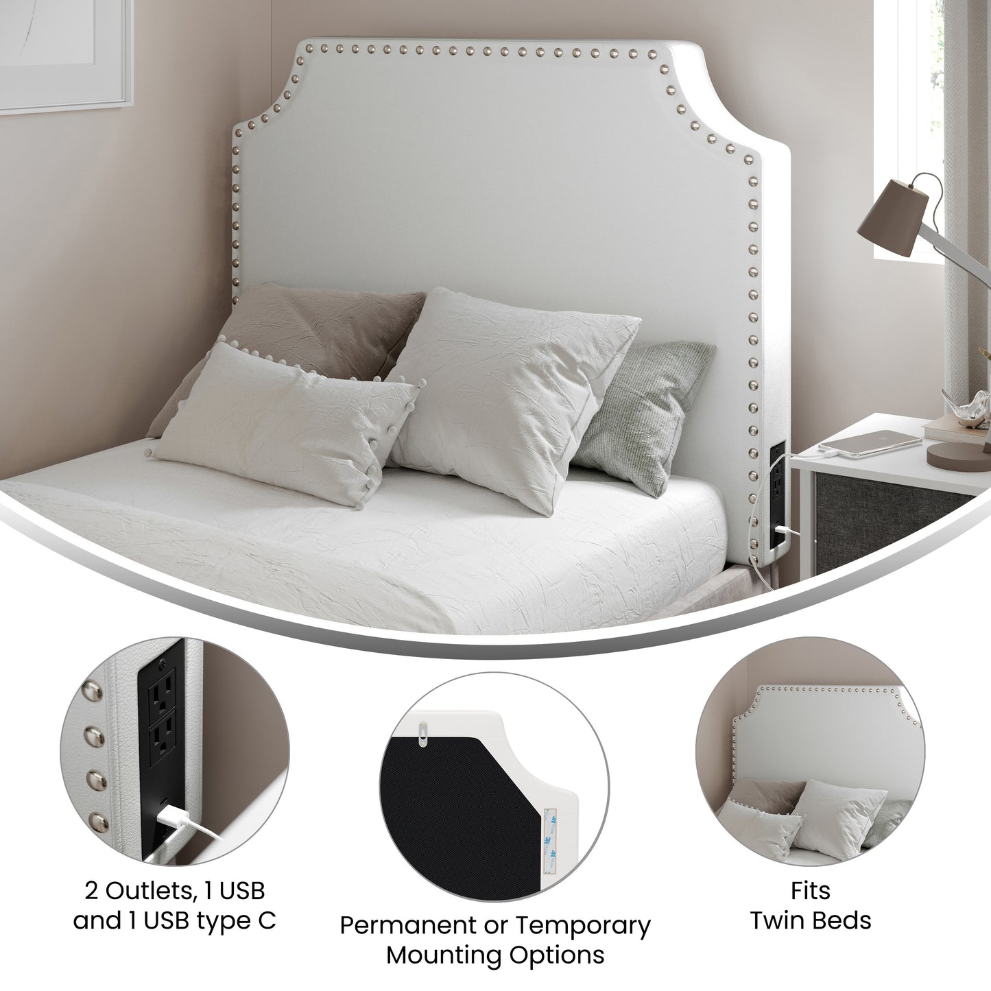 Adeline Contoured Twin Headboard with 2 Power Outlets, 1 USB and 1 USB Type-C Port with Studded LeatherSoft Upholstery and Dual Hanging Options, White White LeatherSoft