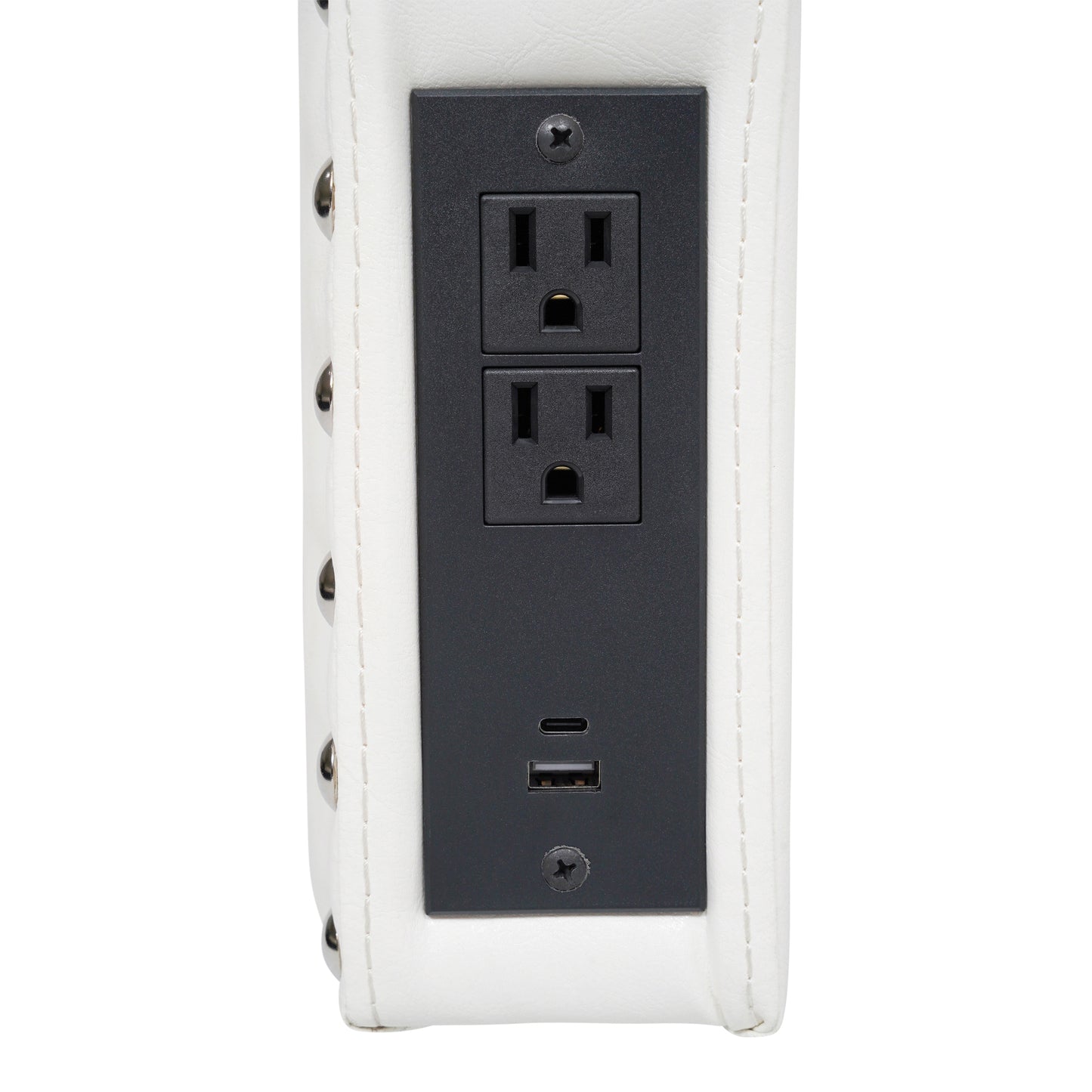 Adeline Contoured Twin Headboard with 2 Power Outlets, 1 USB and 1 USB Type-C Port with Studded LeatherSoft Upholstery and Dual Hanging Options, White White LeatherSoft