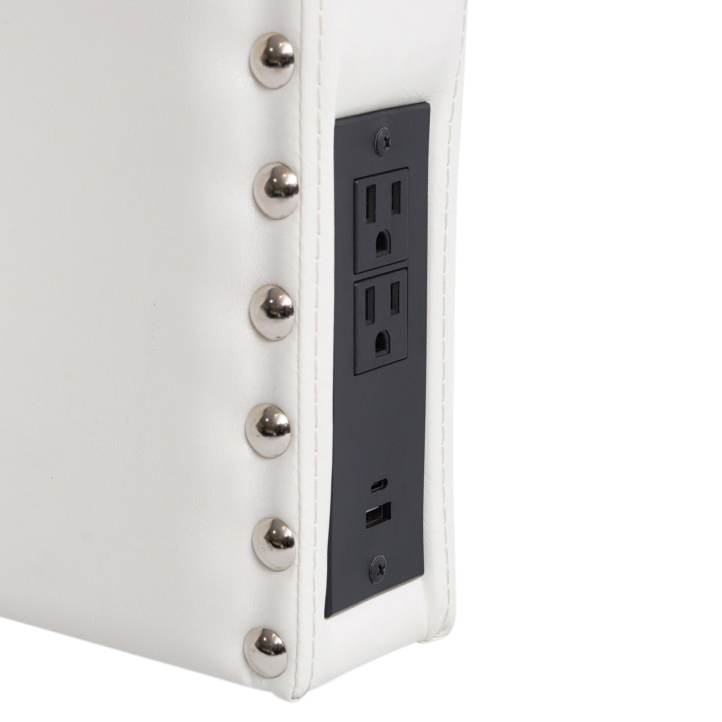Adeline Contoured Twin Headboard with 2 Power Outlets, 1 USB and 1 USB Type-C Port with Studded LeatherSoft Upholstery and Dual Hanging Options, White White LeatherSoft