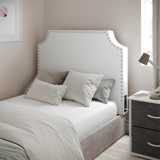 Adeline Contoured Twin Headboard with 2 Power Outlets, 1 USB and 1 USB Type-C Port with Studded LeatherSoft Upholstery and Dual Hanging Options, White White LeatherSoft XH-8420P-T-WHTPU-GG