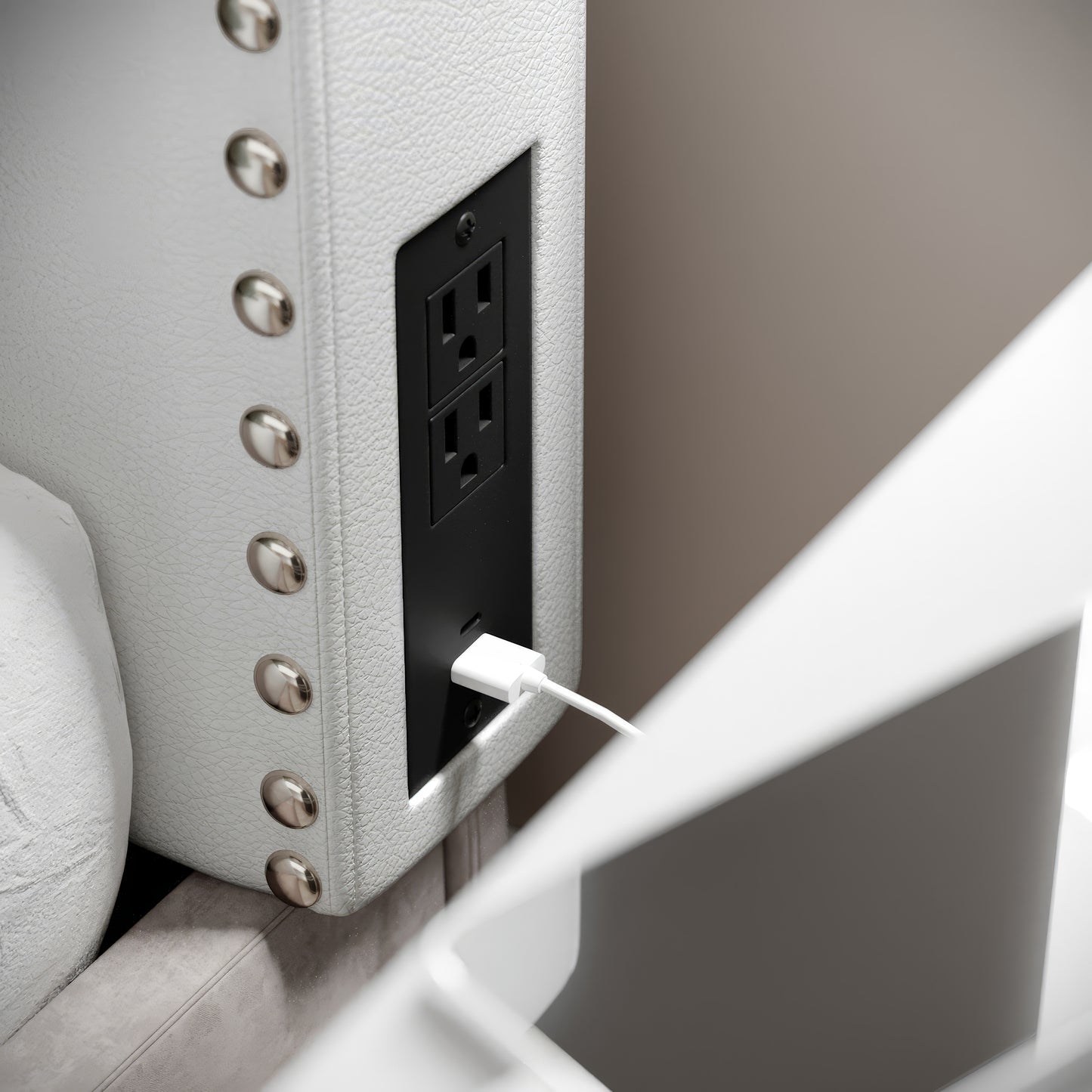 Adeline Contoured Twin Headboard with 2 Power Outlets, 1 USB and 1 USB Type-C Port with Studded LeatherSoft Upholstery and Dual Hanging Options, White White LeatherSoft