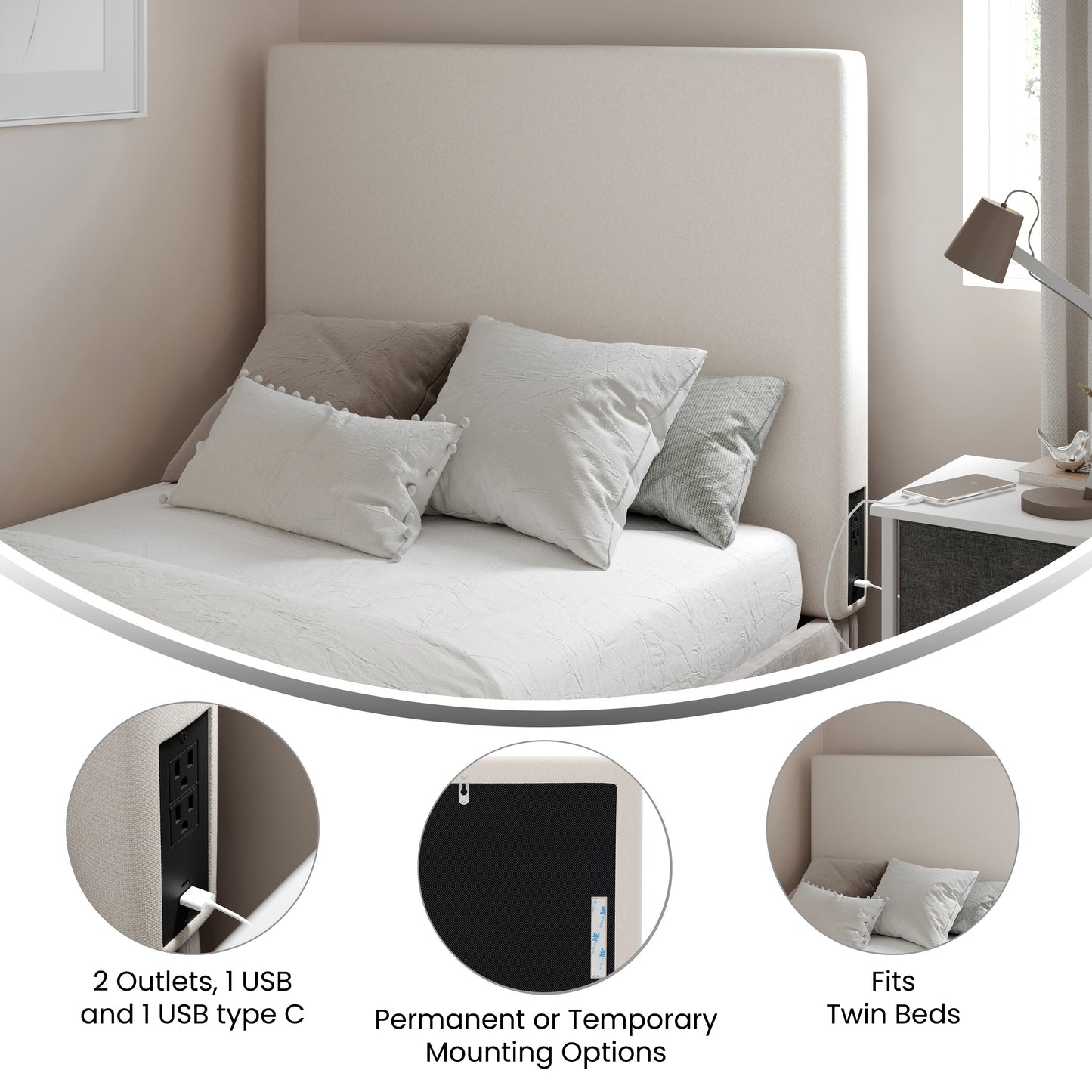 Hugo Twin Headboard with 2 Power Outlets, 1 USB and 1 USB Type-C Port with Faux Linen Upholstery and Dual Hanging Options in Beige Beige