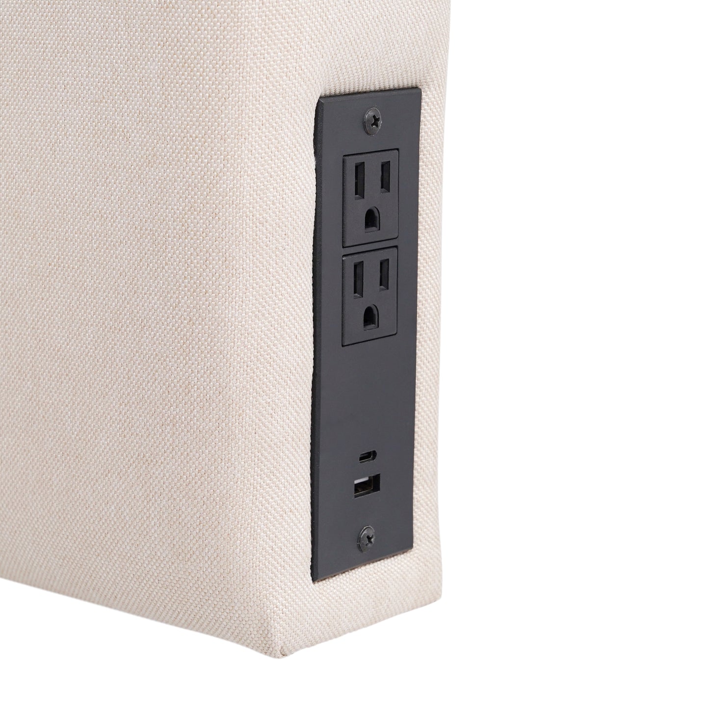 Hugo Twin Headboard with 2 Power Outlets, 1 USB and 1 USB Type-C Port with Faux Linen Upholstery and Dual Hanging Options in Beige Beige