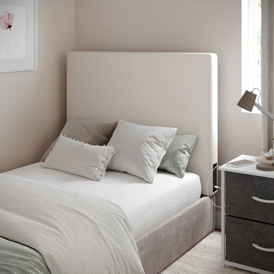 Hugo Twin Headboard with 2 Power Outlets, 1 USB and 1 USB Type-C Port with Faux Linen Upholstery and Dual Hanging Options in Beige Beige
