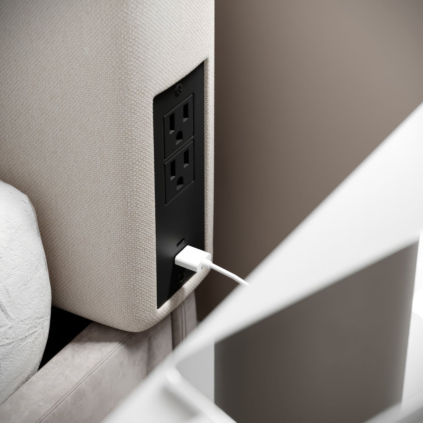 Hugo Twin Headboard with 2 Power Outlets, 1 USB and 1 USB Type-C Port with Faux Linen Upholstery and Dual Hanging Options in Beige Beige