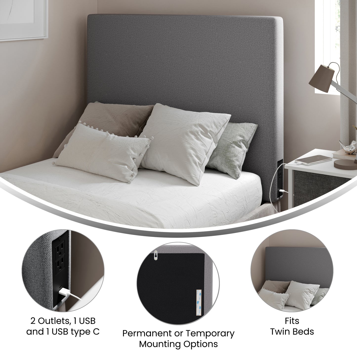 Hugo Twin Headboard with 2 Power Outlets, 1 USB and 1 USB Type-C Port with Faux Linen Upholstery and Dual Hanging Options in Gray Gray