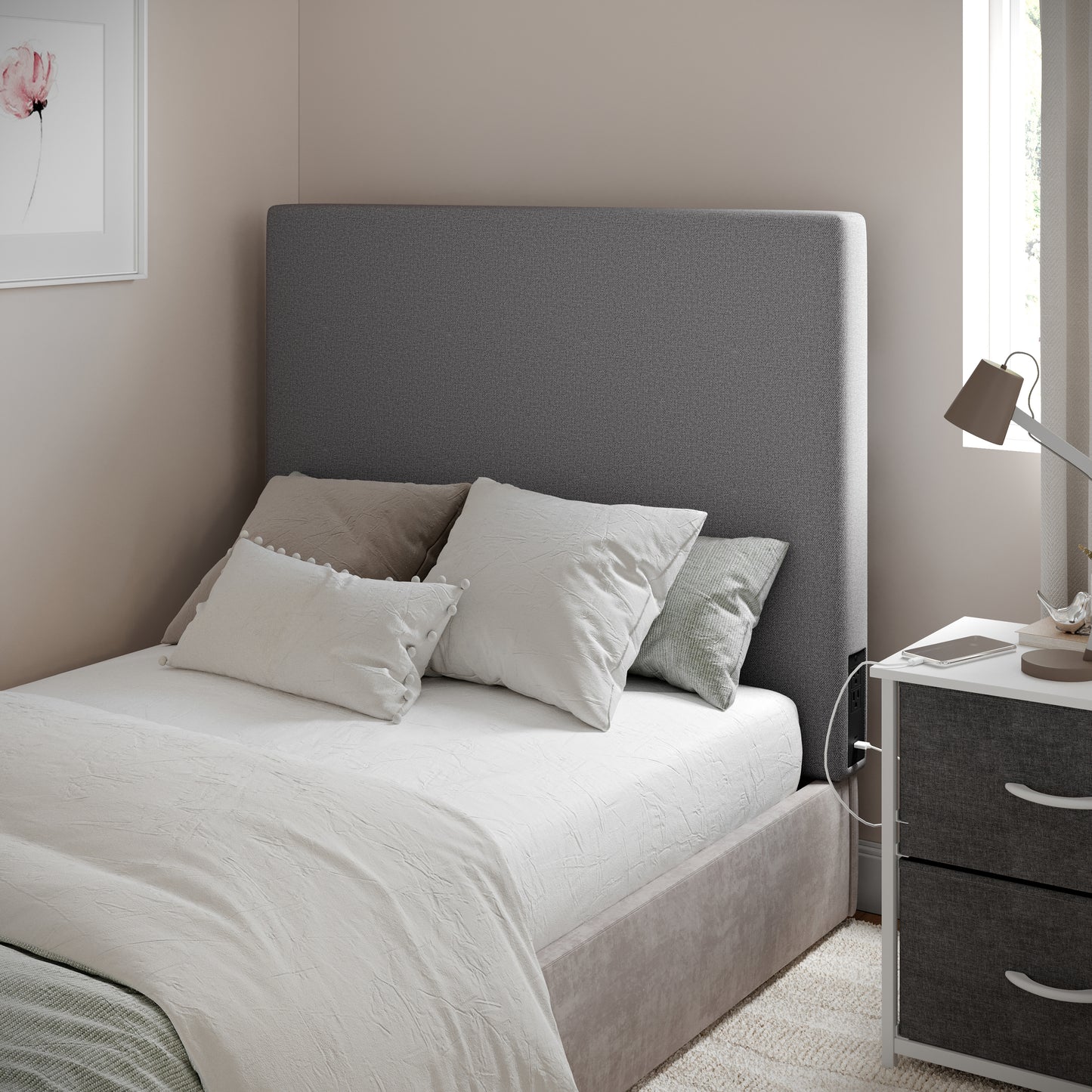 Hugo Twin Headboard with 2 Power Outlets, 1 USB and 1 USB Type-C Port with Faux Linen Upholstery and Dual Hanging Options in Gray Gray