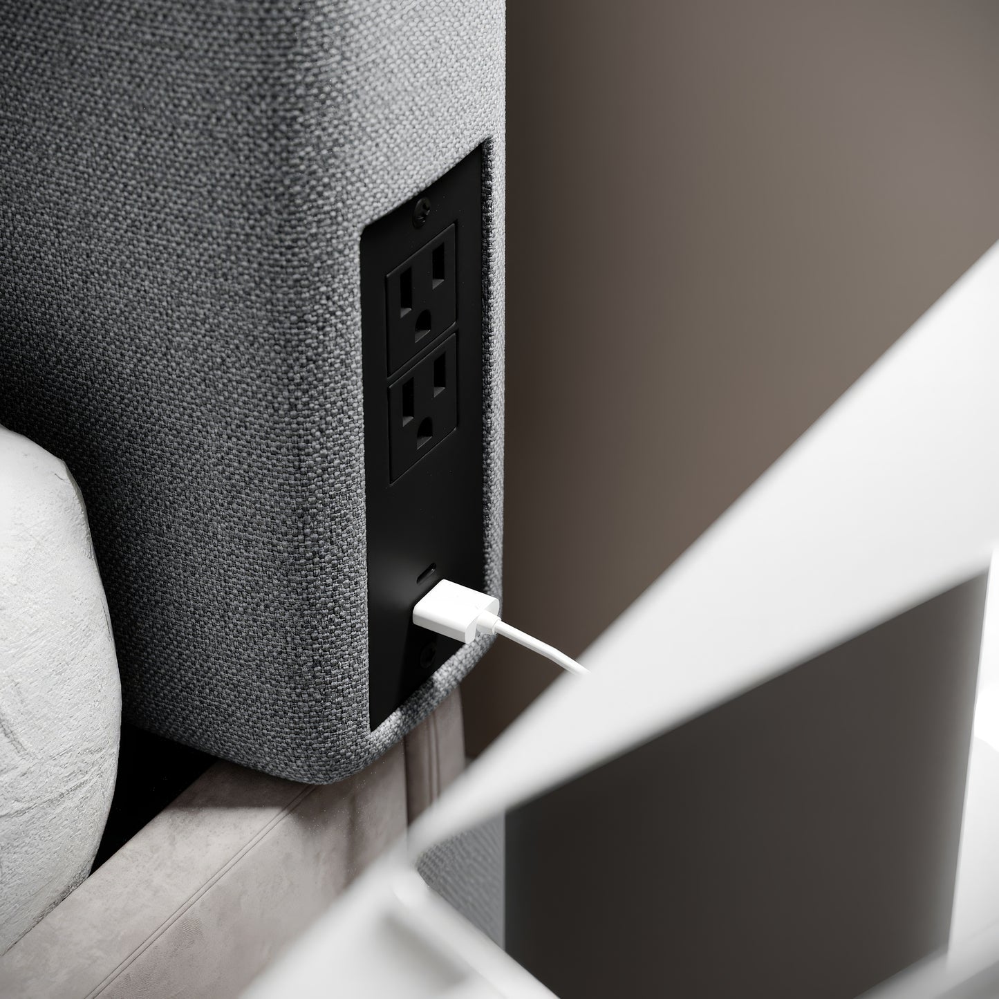Hugo Twin Headboard with 2 Power Outlets, 1 USB and 1 USB Type-C Port with Faux Linen Upholstery and Dual Hanging Options in Gray Gray