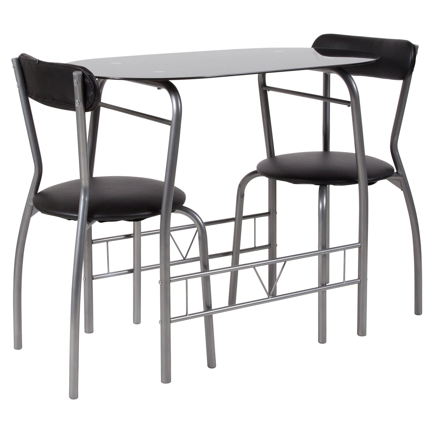 Sutton 3 Piece Space-Saver Bistro Set with Black Glass Top Table and Black Vinyl Padded Chairs Black