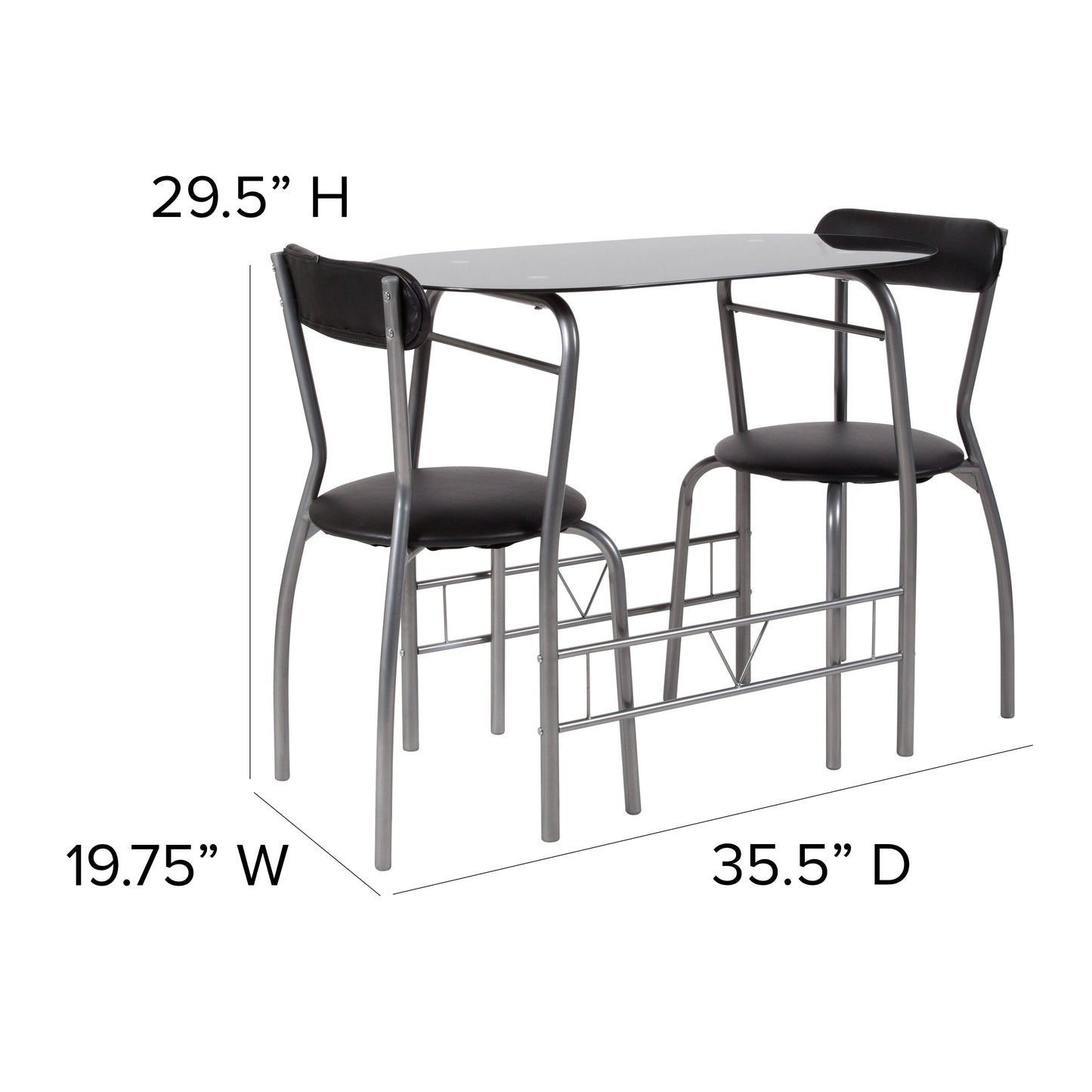 Sutton 3 Piece Space-Saver Bistro Set with Black Glass Top Table and Black Vinyl Padded Chairs Black