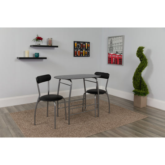 Sutton 3 Piece Space-Saver Bistro Set with Black Glass Top Table and Black Vinyl Padded Chairs Black