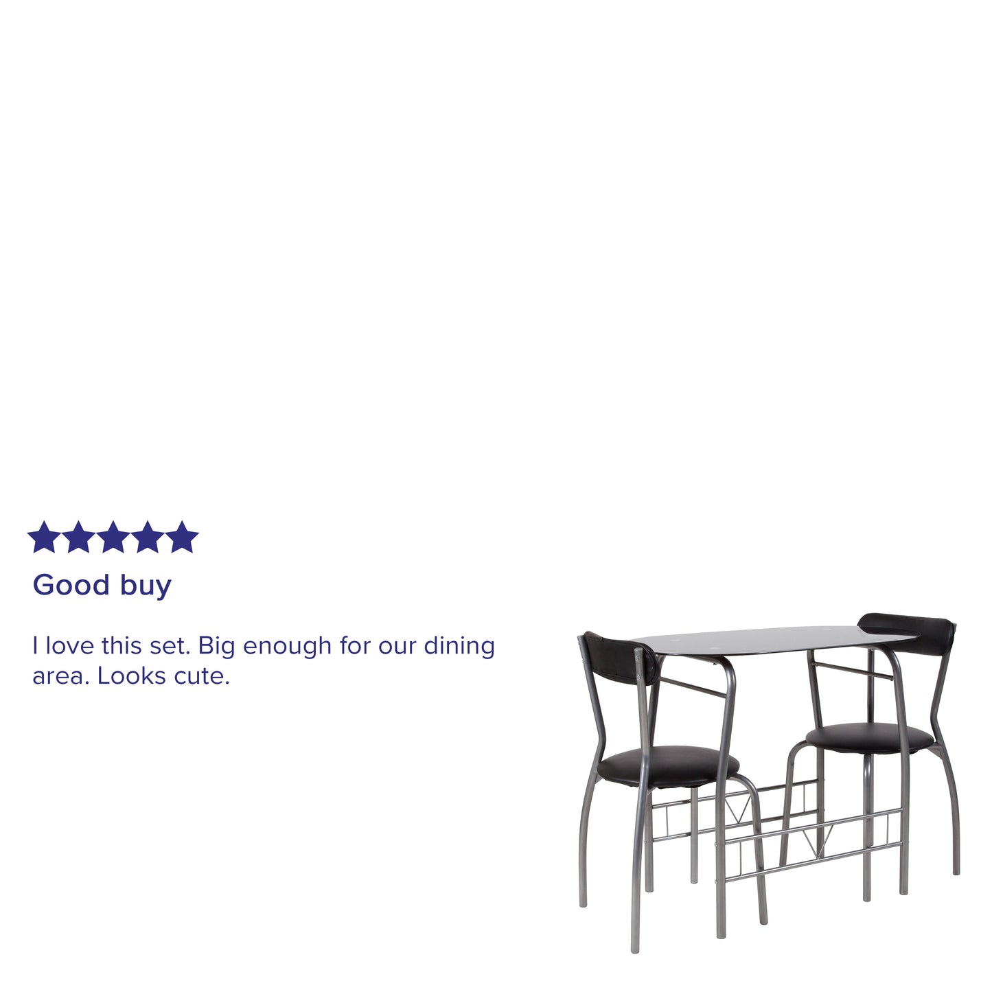 Sutton 3 Piece Space-Saver Bistro Set with Black Glass Top Table and Black Vinyl Padded Chairs Black