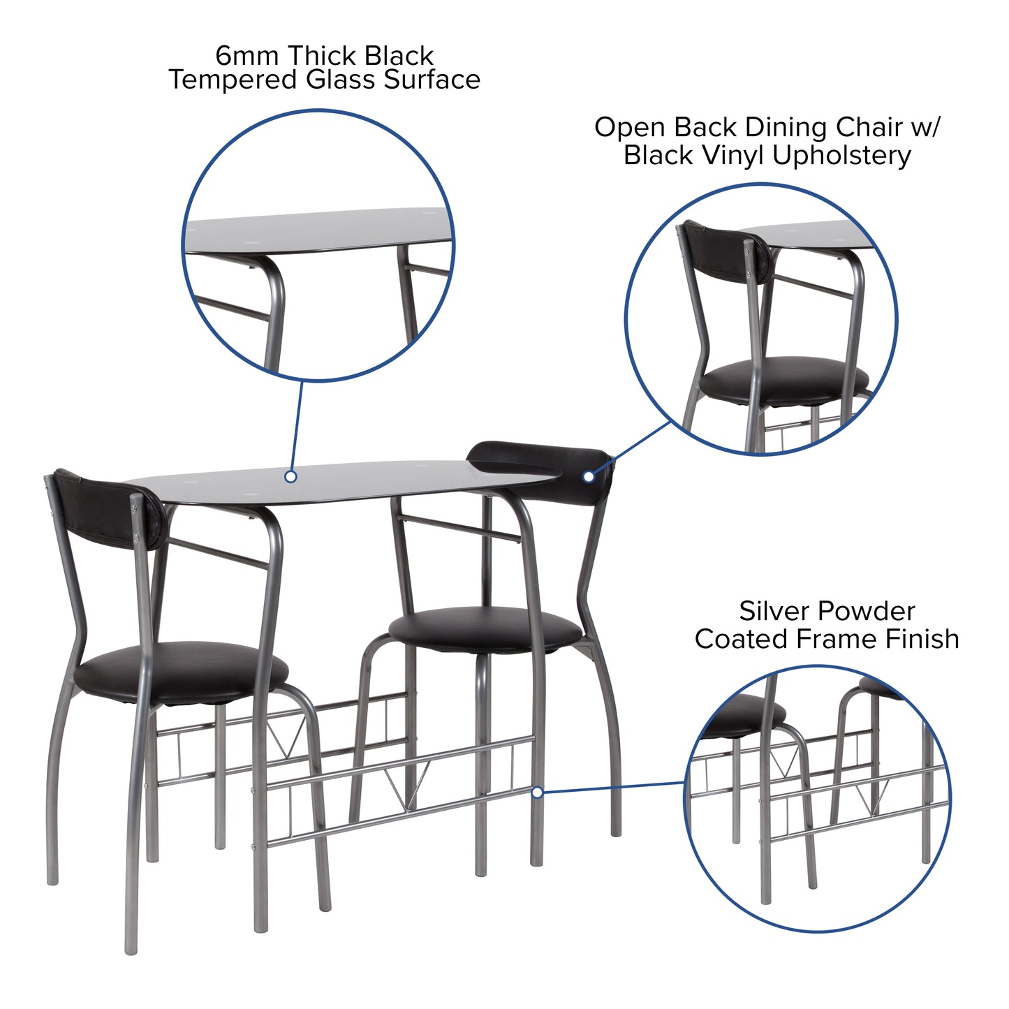 Sutton 3 Piece Space-Saver Bistro Set with Black Glass Top Table and Black Vinyl Padded Chairs Black