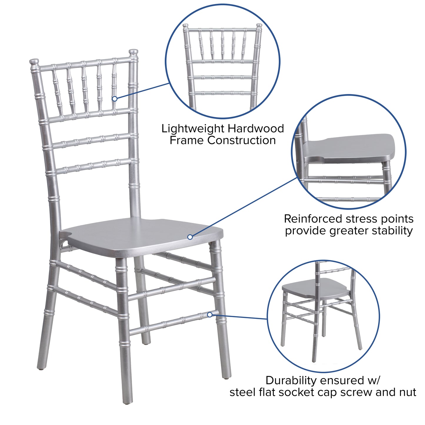 HERCULES Series Silver Wood Chiavari Chair Silver