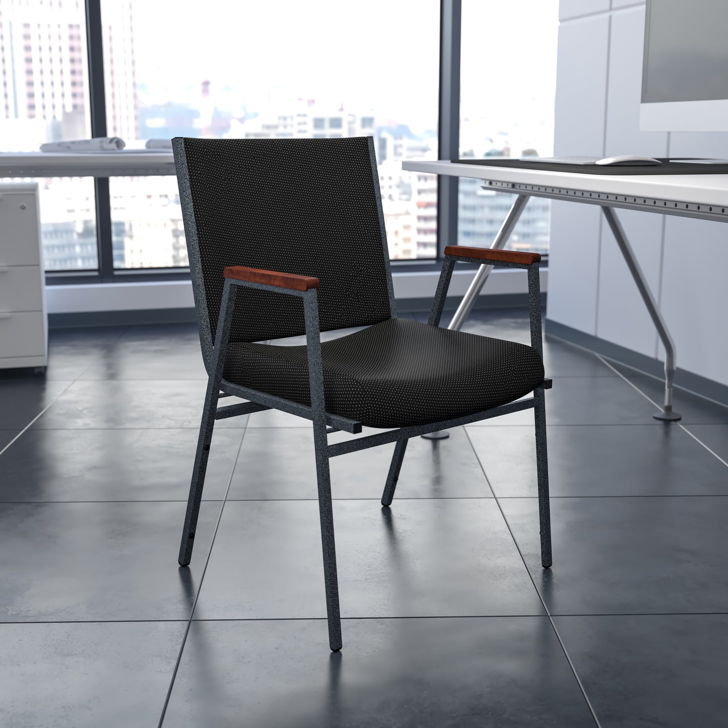 HERCULES Series Heavy Duty Black Dot Fabric Stack Chair with Arms Black Patterned Fabric