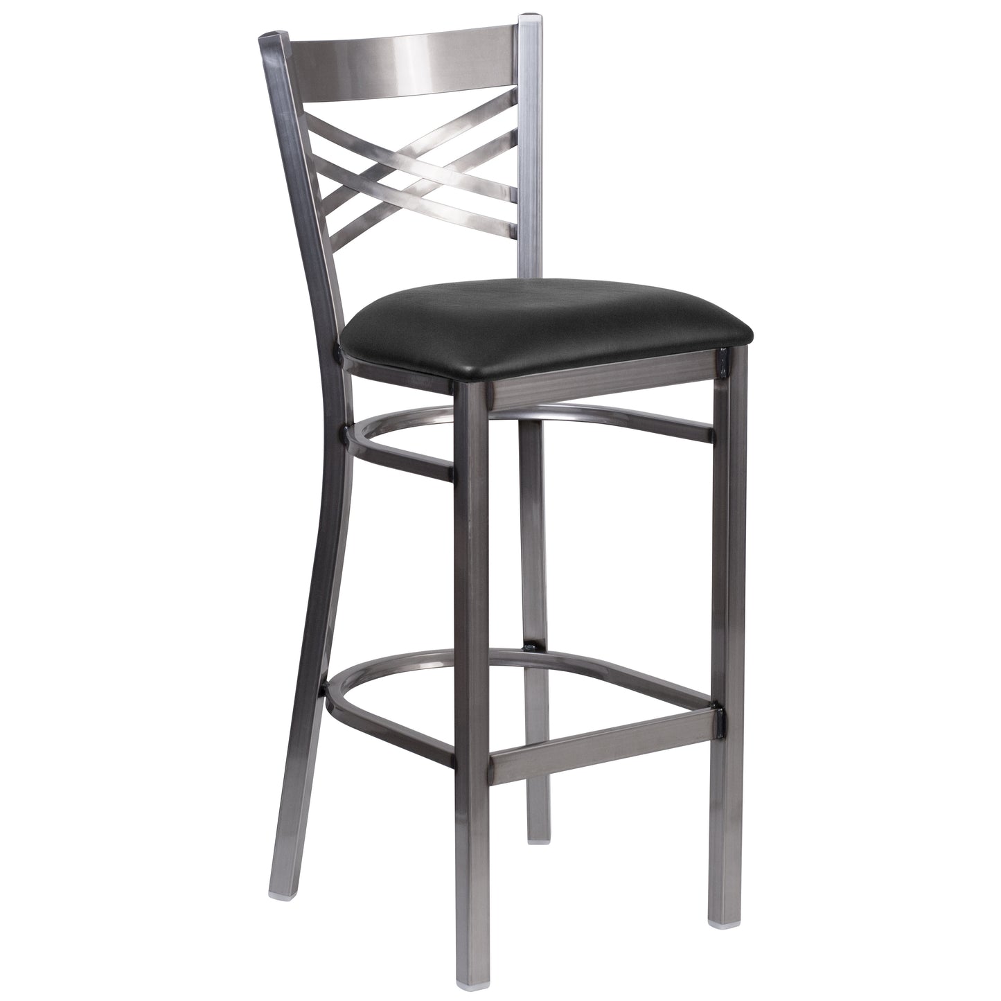 HERCULES Series Silver Antique Finish with Clear Coat ''X'' Back Metal Restaurant Barstool - Black Vinyl Seat Black Vinyl Seat/Clear Coated Metal Frame XU-6F8B-CLR-BAR-BLKV-GG