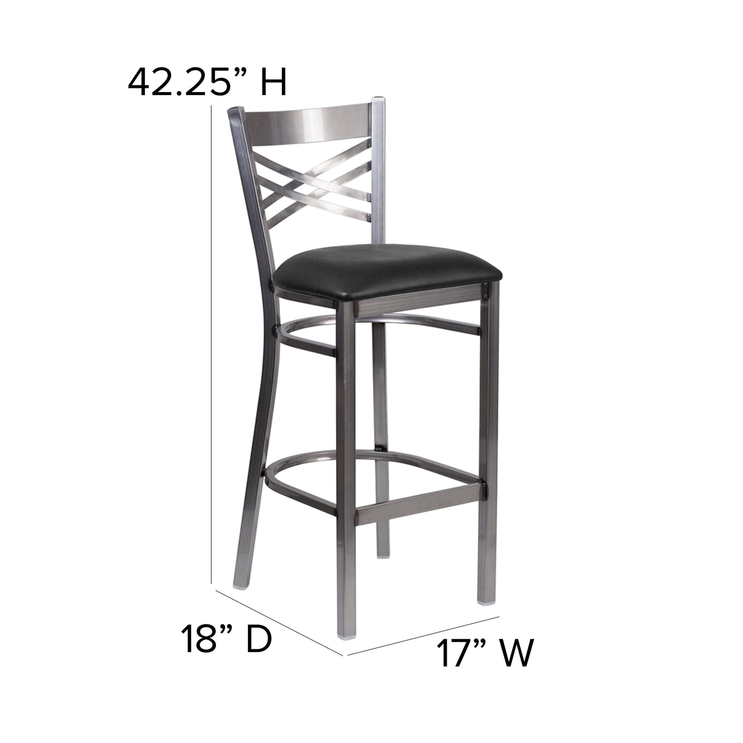 HERCULES Series Silver Antique Finish with Clear Coat ''X'' Back Metal Restaurant Barstool - Black Vinyl Seat Black Vinyl Seat/Clear Coated Metal Frame XU-6F8B-CLR-BAR-BLKV-GG