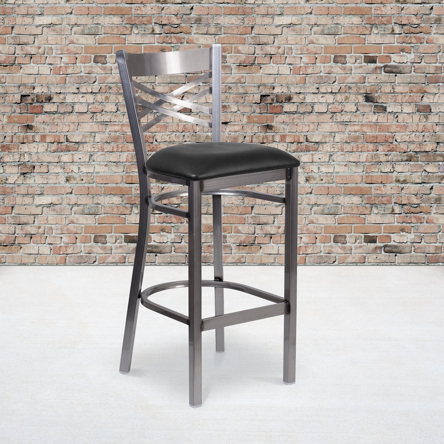 HERCULES Series Silver Antique Finish with Clear Coat ''X'' Back Metal Restaurant Barstool - Black Vinyl Seat Black Vinyl Seat/Clear Coated Metal Frame XU-6F8B-CLR-BAR-BLKV-GG