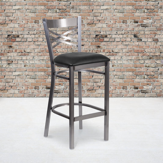 HERCULES Series Silver Antique Finish with Clear Coat ''X'' Back Metal Restaurant Barstool - Black Vinyl Seat Black Vinyl Seat/Clear Coated Metal Frame