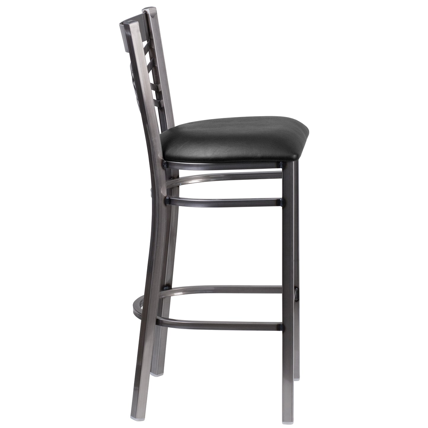 HERCULES Series Silver Antique Finish with Clear Coat ''X'' Back Metal Restaurant Barstool - Black Vinyl Seat Black Vinyl Seat/Clear Coated Metal Frame XU-6F8B-CLR-BAR-BLKV-GG