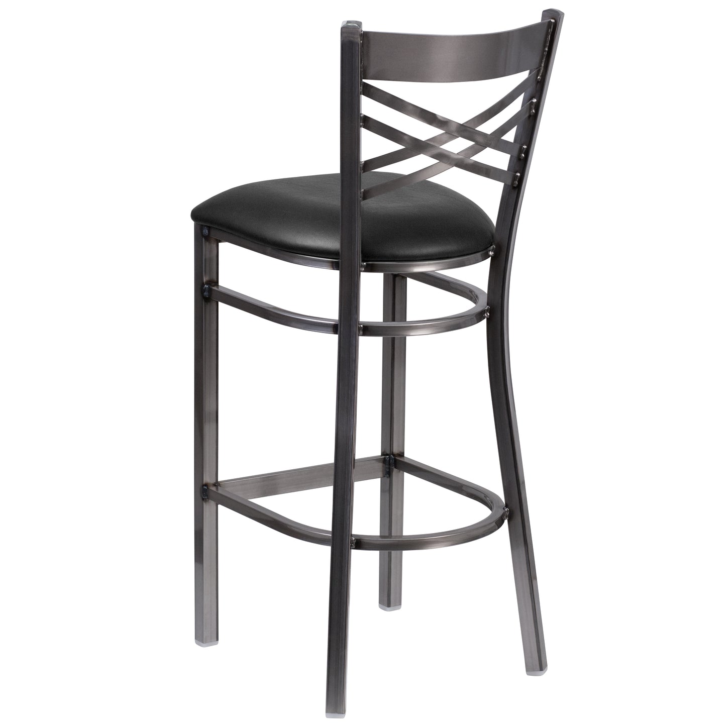 HERCULES Series Silver Antique Finish with Clear Coat ''X'' Back Metal Restaurant Barstool - Black Vinyl Seat Black Vinyl Seat/Clear Coated Metal Frame XU-6F8B-CLR-BAR-BLKV-GG