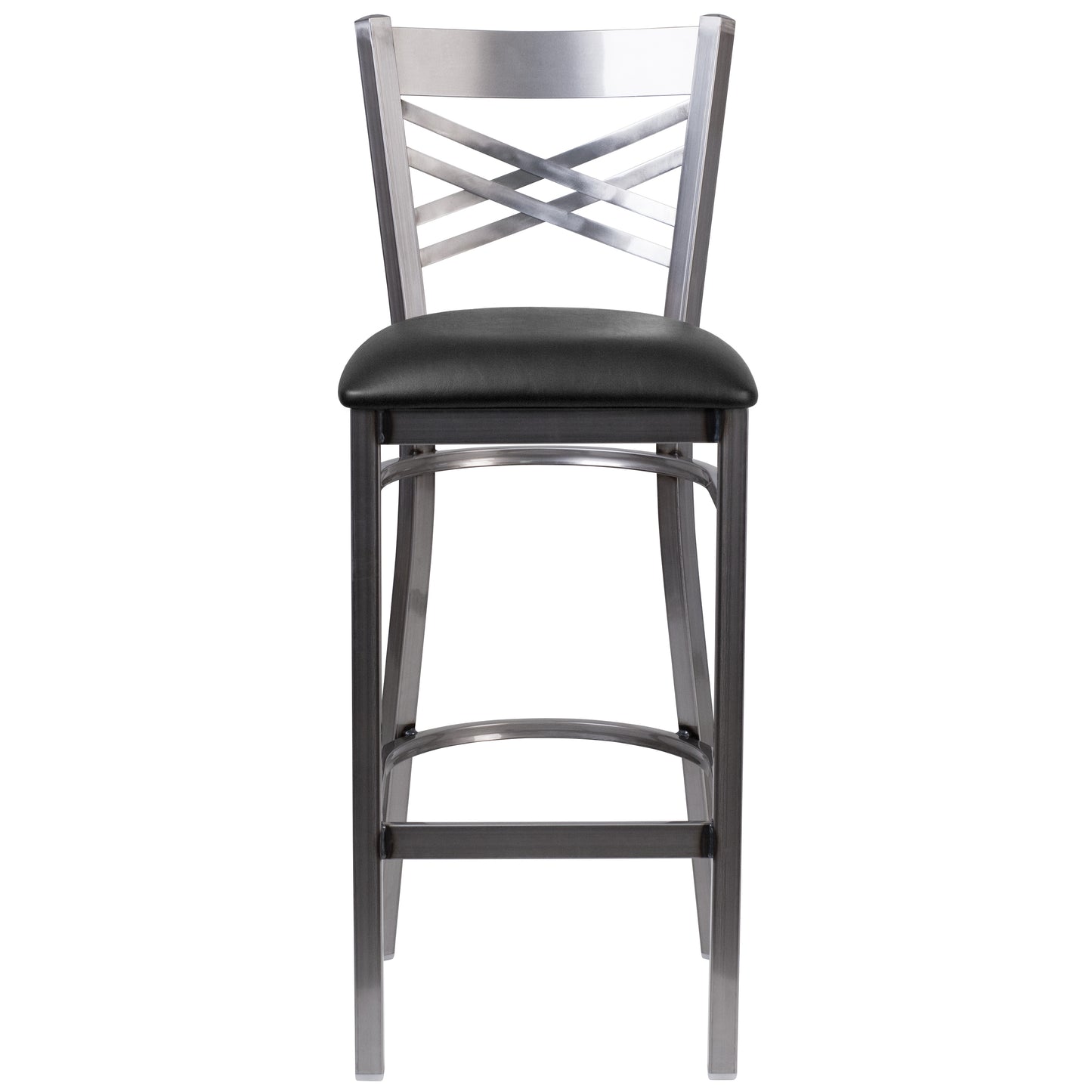 HERCULES Series Silver Antique Finish with Clear Coat ''X'' Back Metal Restaurant Barstool - Black Vinyl Seat Black Vinyl Seat/Clear Coated Metal Frame XU-6F8B-CLR-BAR-BLKV-GG