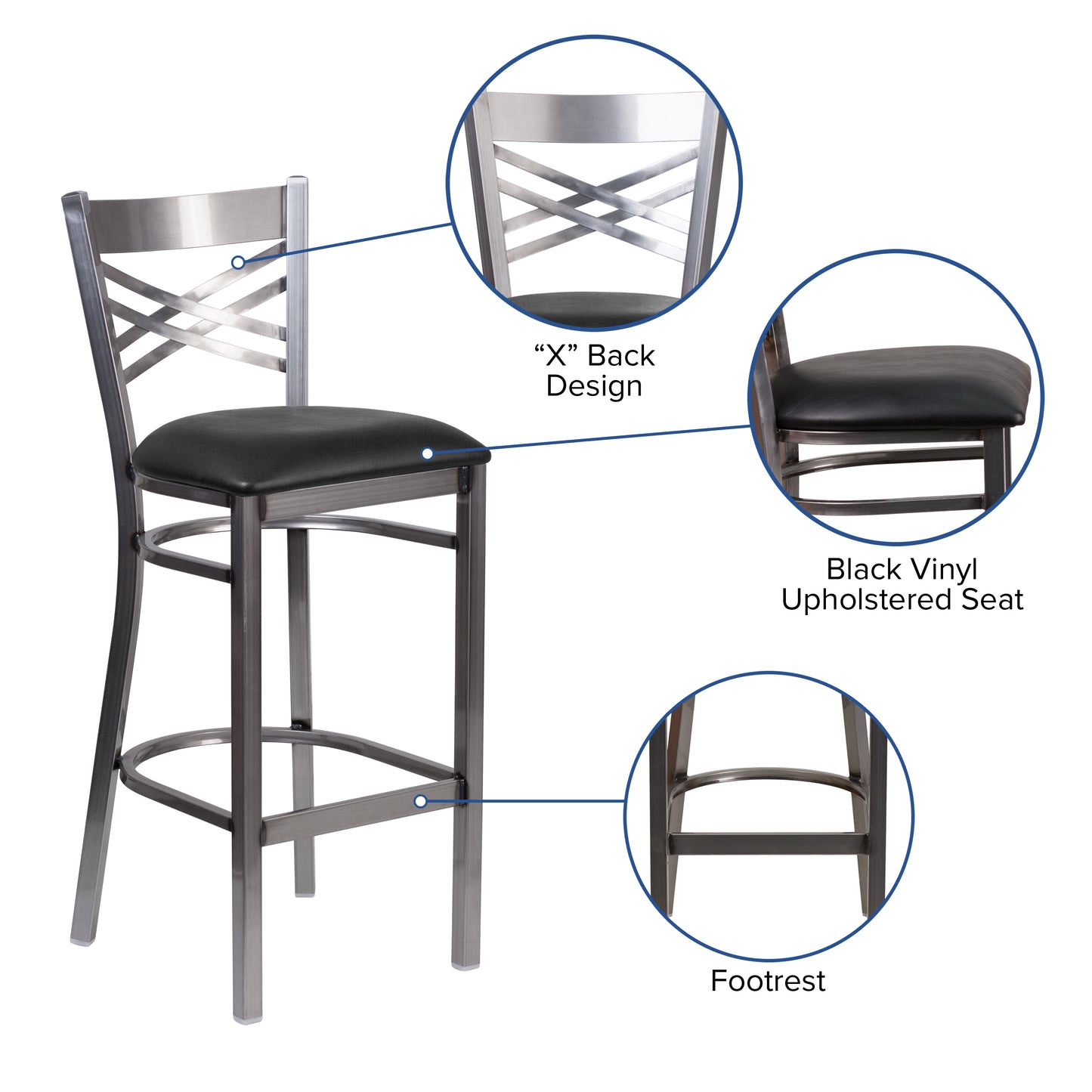 HERCULES Series Silver Antique Finish with Clear Coat ''X'' Back Metal Restaurant Barstool - Black Vinyl Seat Black Vinyl Seat/Clear Coated Metal Frame XU-6F8B-CLR-BAR-BLKV-GG