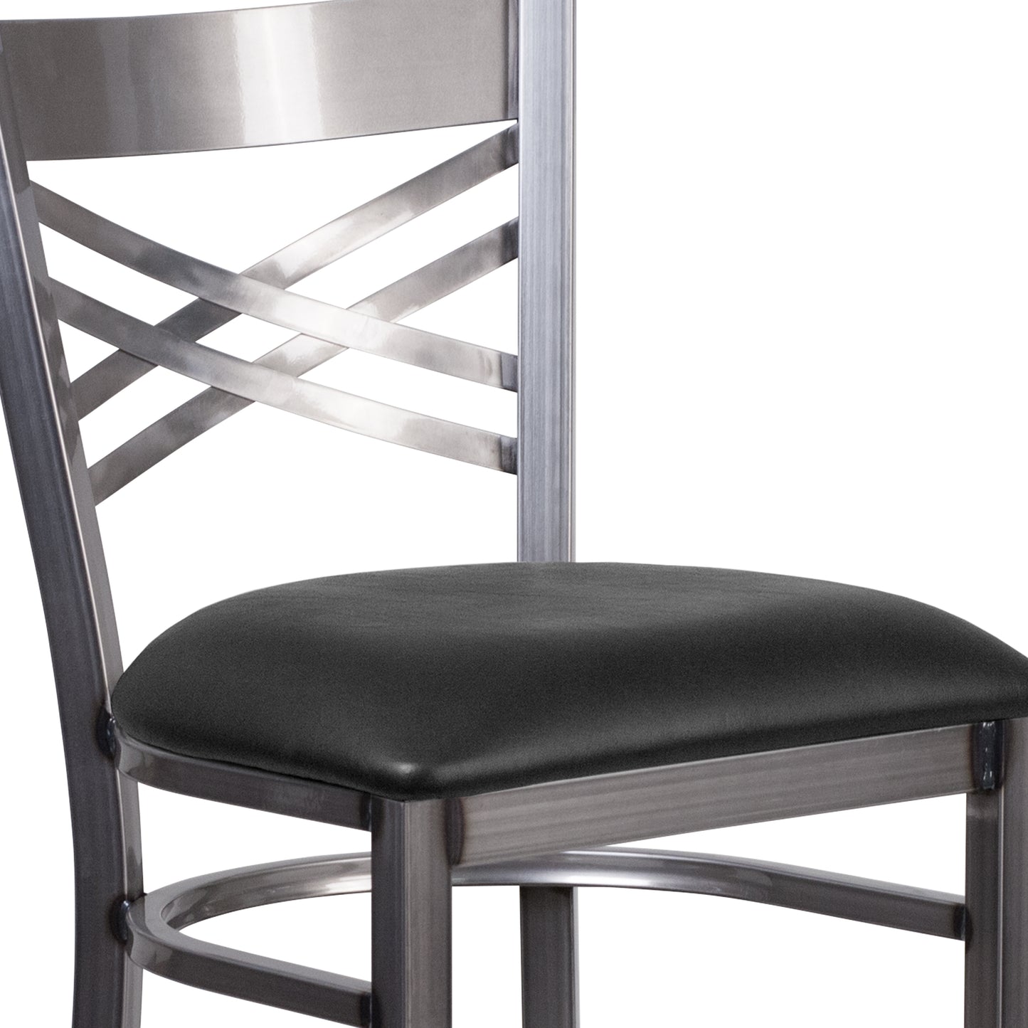 HERCULES Series Silver Antique Finish with Clear Coat ''X'' Back Metal Restaurant Barstool - Black Vinyl Seat Black Vinyl Seat/Clear Coated Metal Frame XU-6F8B-CLR-BAR-BLKV-GG