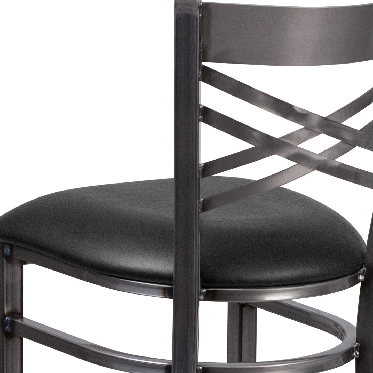 HERCULES Series Silver Antique Finish with Clear Coat ''X'' Back Metal Restaurant Barstool - Black Vinyl Seat Black Vinyl Seat/Clear Coated Metal Frame XU-6F8B-CLR-BAR-BLKV-GG