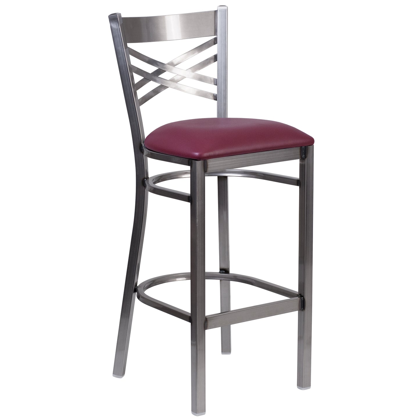 HERCULES Series Silver Antique Finish with Clear Coat ''X'' Back Metal Restaurant Barstool - Burgundy Vinyl Seat Burgundy Vinyl Seat/Clear Coated Metal Frame XU-6F8B-CLR-BAR-BURV-GG