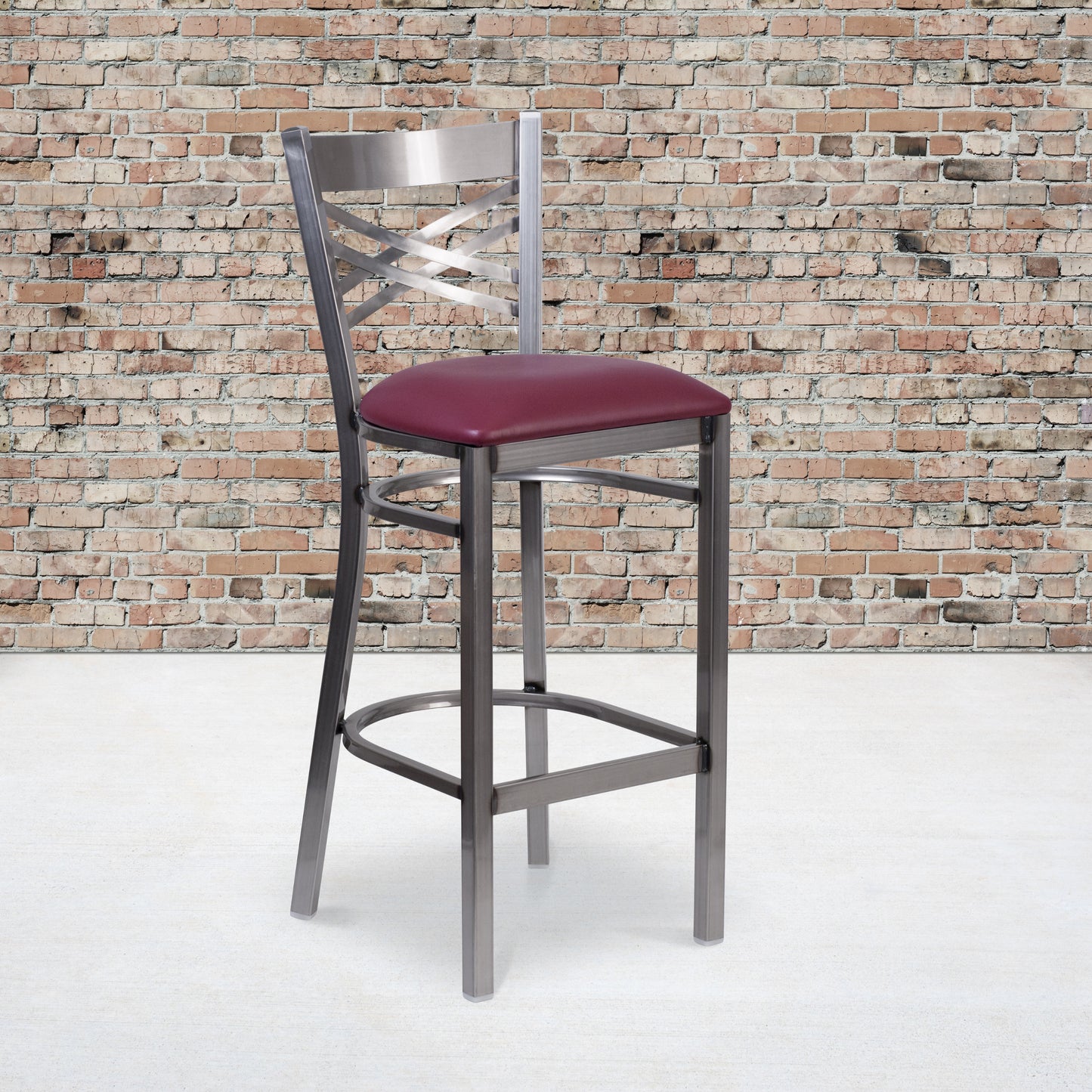 HERCULES Series Silver Antique Finish with Clear Coat ''X'' Back Metal Restaurant Barstool - Burgundy Vinyl Seat Burgundy Vinyl Seat/Clear Coated Metal Frame XU-6F8B-CLR-BAR-BURV-GG